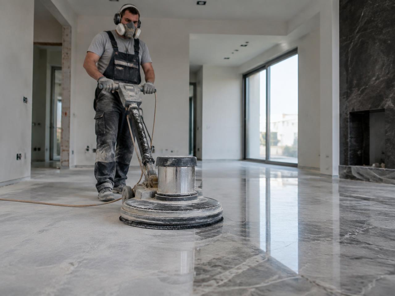 Pulido de piso de mármol con maquinaria profesional